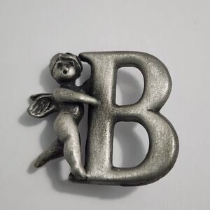 Vintage L Razza Guardian Angel Brooch With Initial B Cherub  Silver Tone Signed